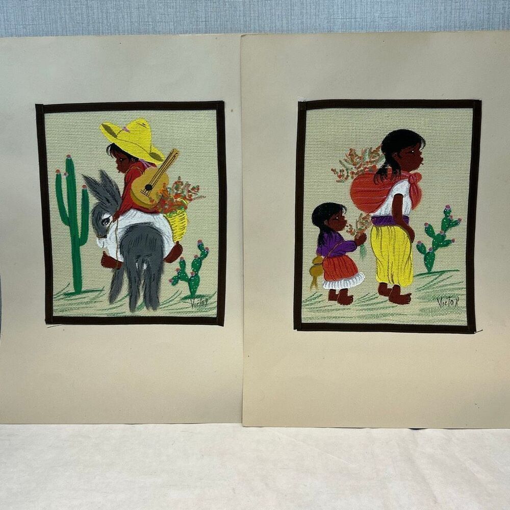 Vtg Mexican Folk Art Painting on Burlap Set 2 Boy Girl Donkey Family Cactus Guit